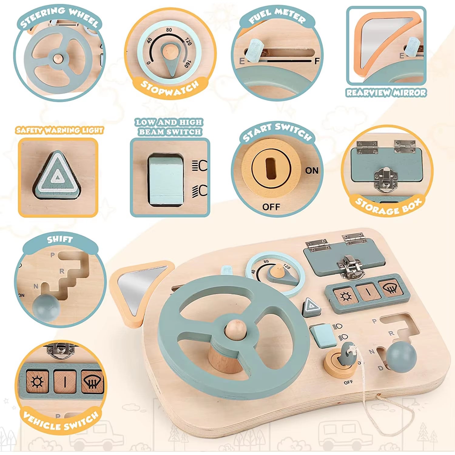 Montessori Toy Steering Wheel Wooden Busy Board Wooden Sensory Toys for Toddlers Preschool Travel Learning Activities