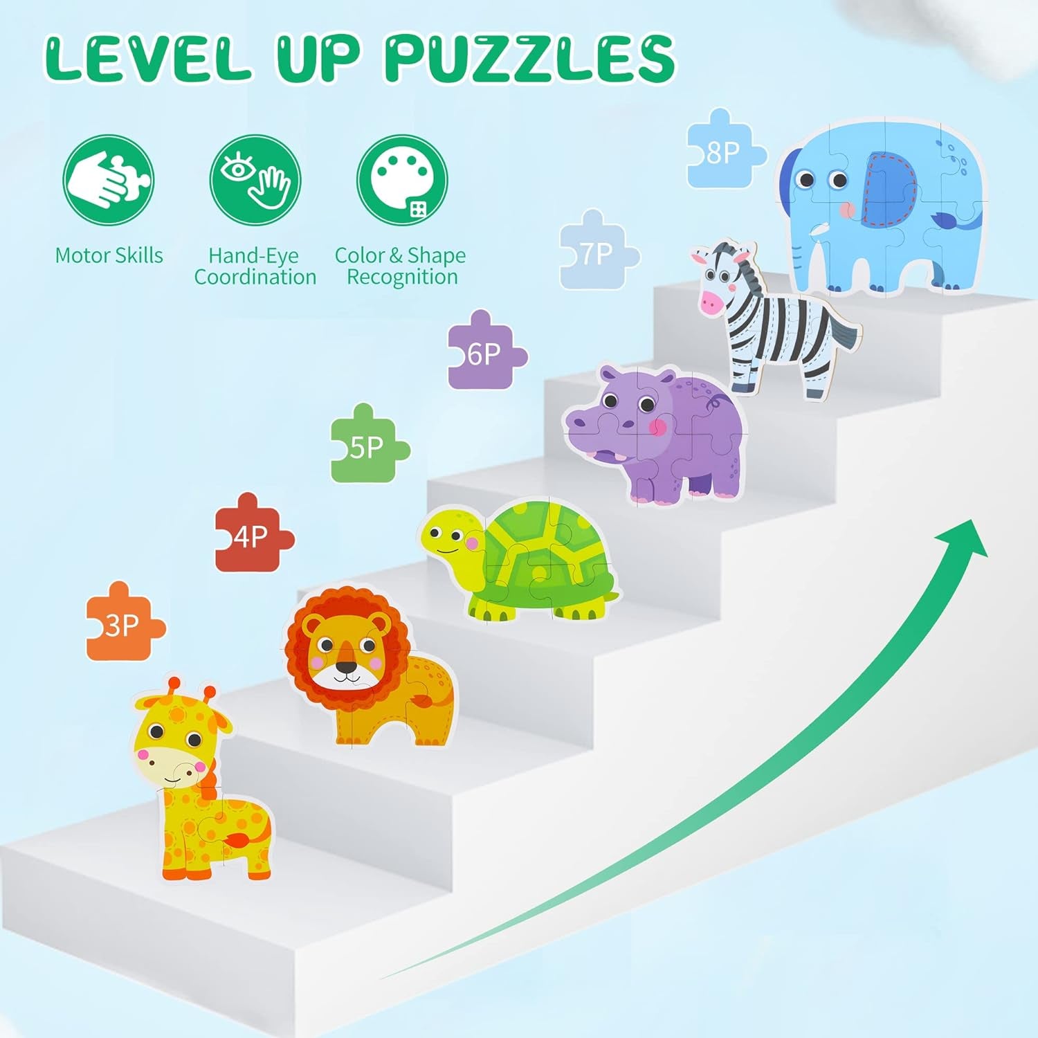 6 Packs Safari Animals Shaped Wooden Jigsaw Puzzles for Toddlers Ages 1-3, Level-Up Puzzles for Beginner, Montessori Learning Toys Preschool Educational Activity for Kids Ages 2-5