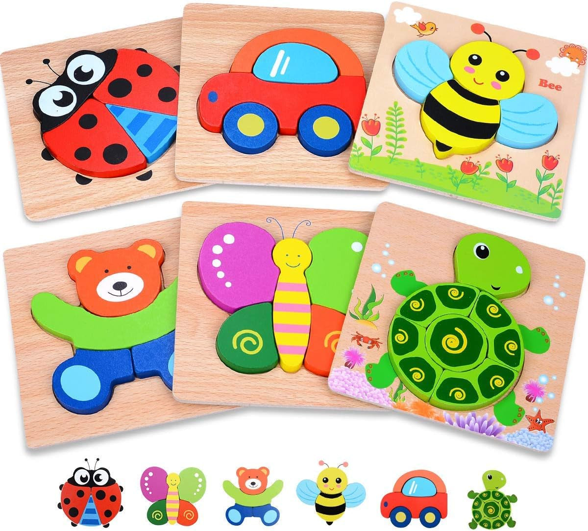 Baby Puzzles 12-18 Months - Multicolor, 6-Pack Animal & Vehicle Shapes with Storage Bag - Wooden Puzzles for Toddlers - Chunky Pieces for Fine Motor & Hand-Eye Coordination