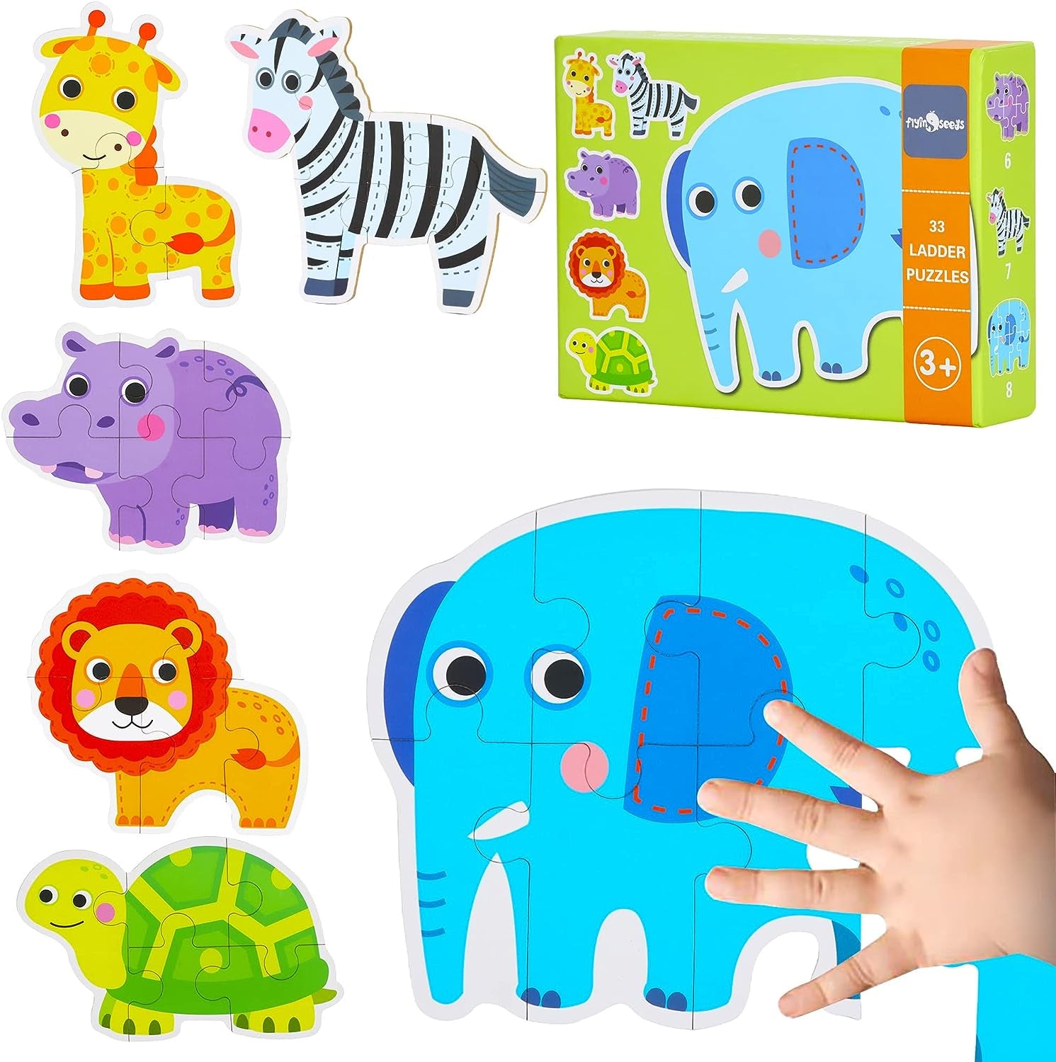 6 Packs Safari Animals Shaped Wooden Jigsaw Puzzles for Toddlers Ages 1-3, Level-Up Puzzles for Beginner, Montessori Learning Toys Preschool Educational Activity for Kids Ages 2-5