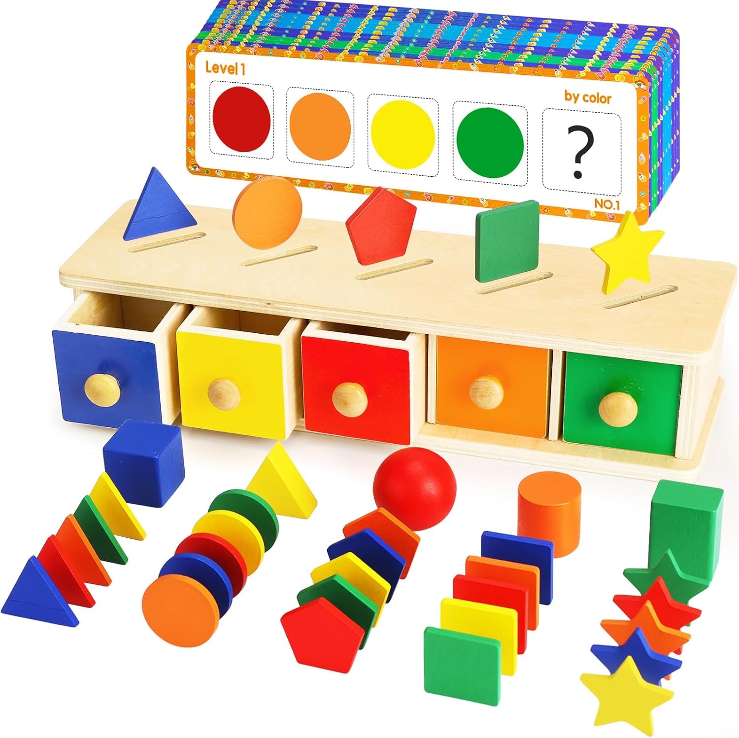 Montessori Toys Wooden Color & Shape Sorter Toys for Toddlers 1-3, Matching Box