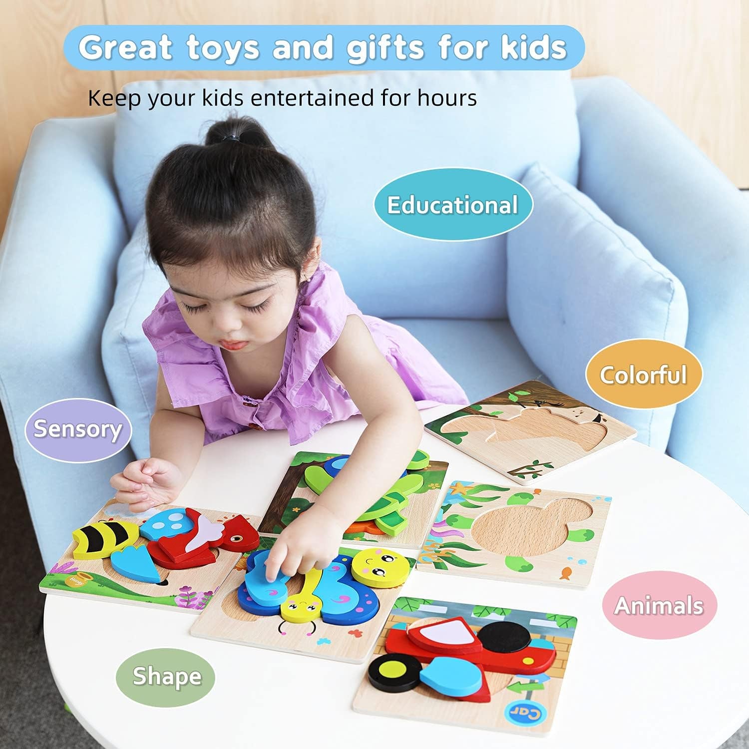 Toddler Puzzles Wooden Animal & Car Set - 6-Pack, Multicolor, 5.7 in X 5.7 in - Wooden Puzzles for Toddlers 1-3 & Sensory Toys with Water-Based Paint & Shape Recognition