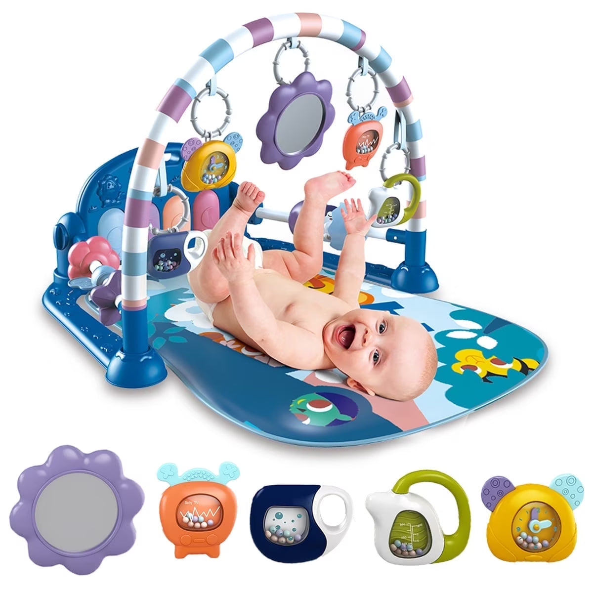 Baby Gym Play Mat 3 in 1 Fitness Rack with Music and Lights Fun Piano Baby Activity Center,Blue