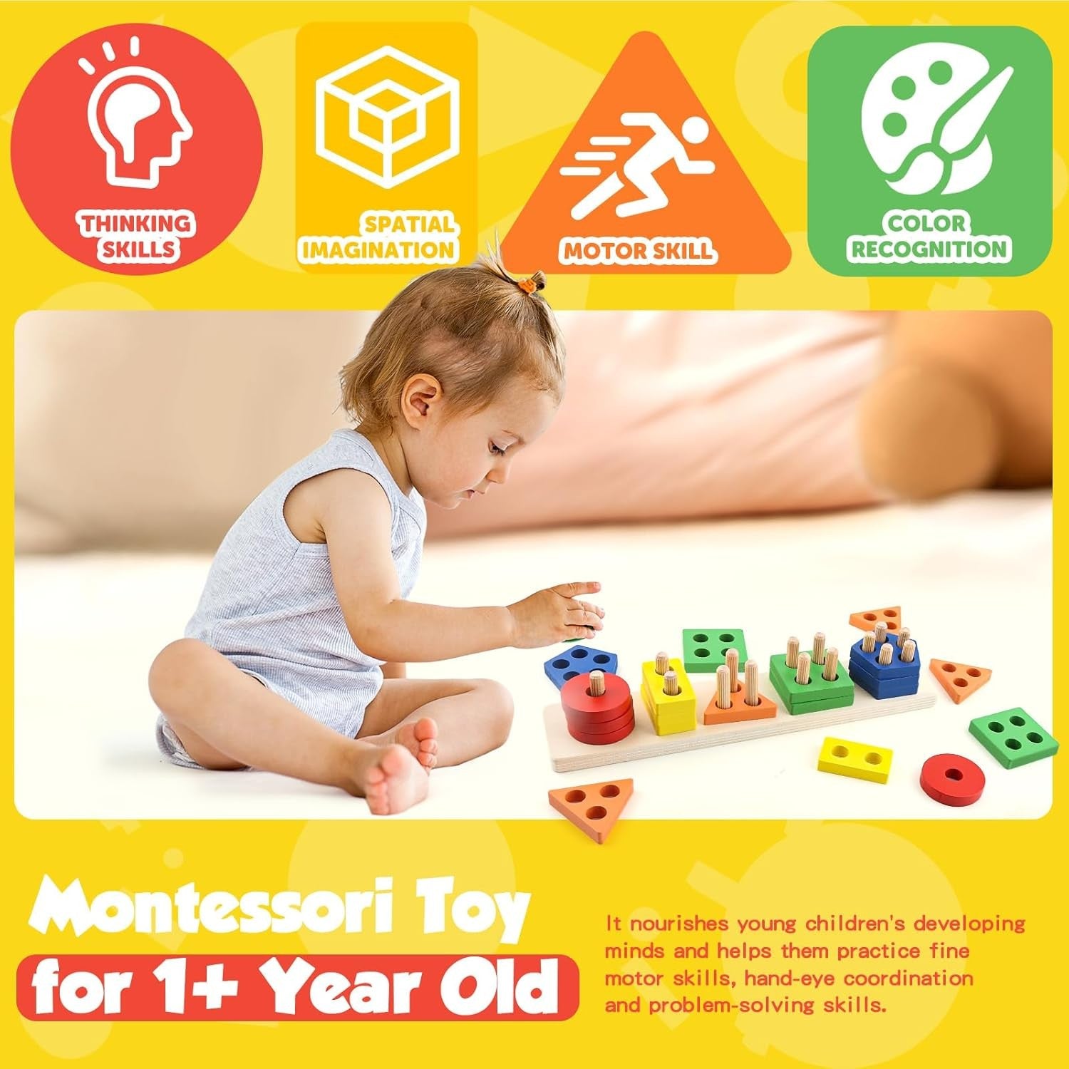 Montessori Toys for 1 2 3 Year Old Girls Boys, Wooden Sensory Toys for 1-3 Year