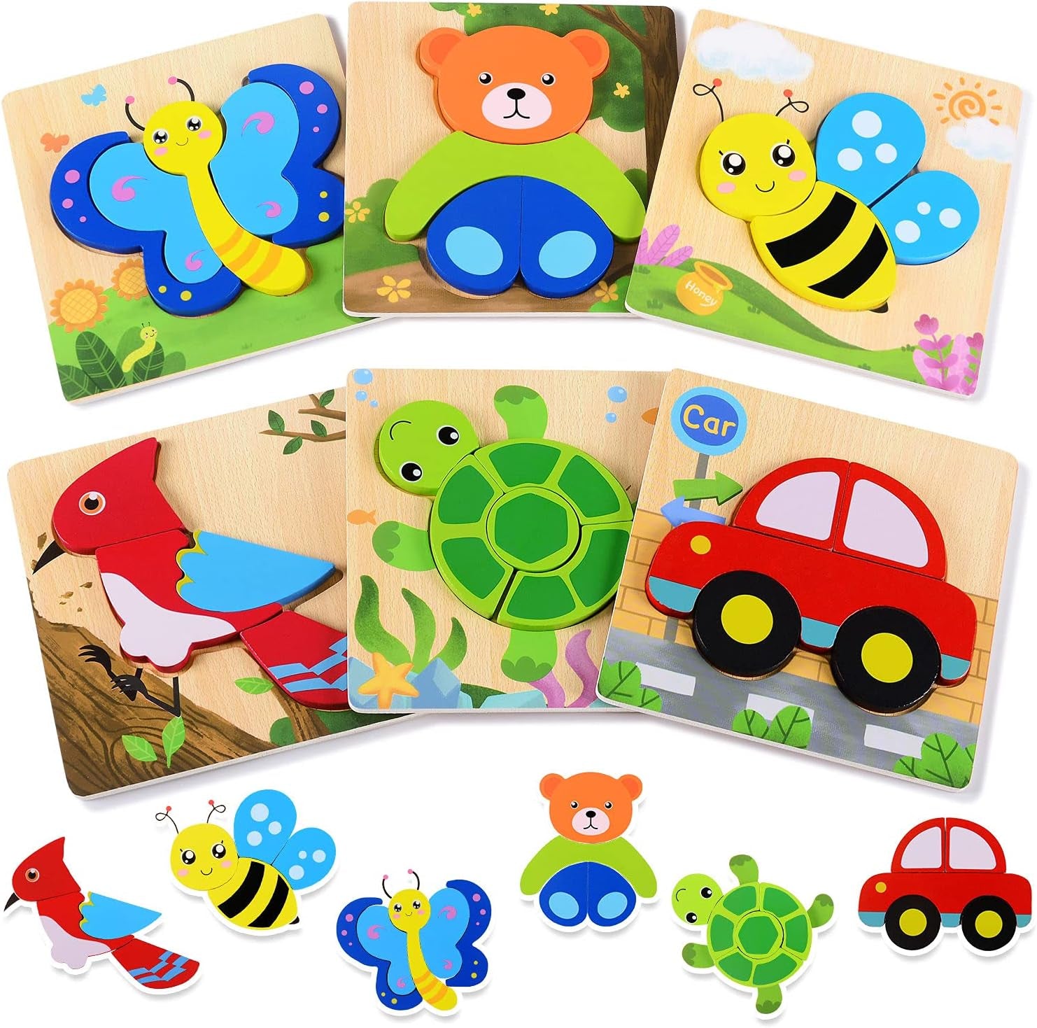 Toddler Puzzles Wooden Animal & Car Set - 6-Pack, Multicolor, 5.7 in X 5.7 in - Wooden Puzzles for Toddlers 1-3 & Sensory Toys with Water-Based Paint & Shape Recognition